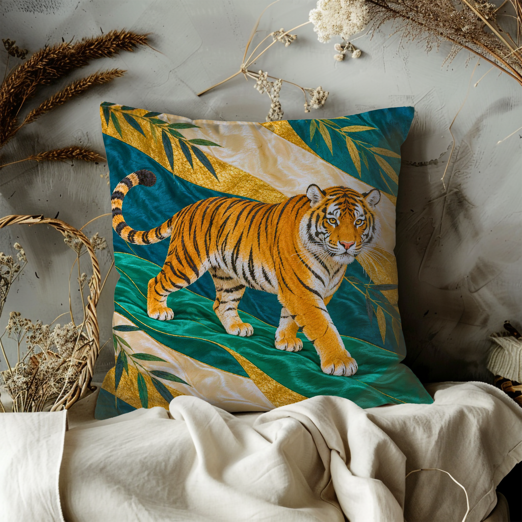 Tiger Pillow Cover | Walking Tiger, Emerald and Gold Palm-leaf Pattern with Cream Diagonal Bands