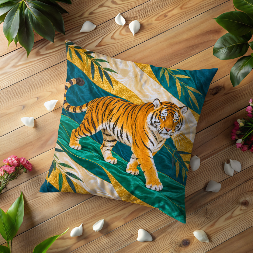 Tiger Pillow Cover | Walking Tiger, Emerald and Gold Palm-leaf Pattern with Cream Diagonal Bands