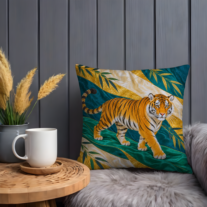 Tiger Pillow Cover | Walking Tiger, Emerald and Gold Palm-leaf Pattern with Cream Diagonal Bands