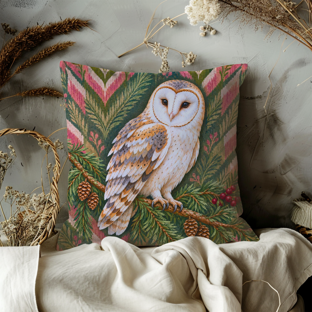 Barn Owl Pillow Cover | Woodland Scene with Patterned Background