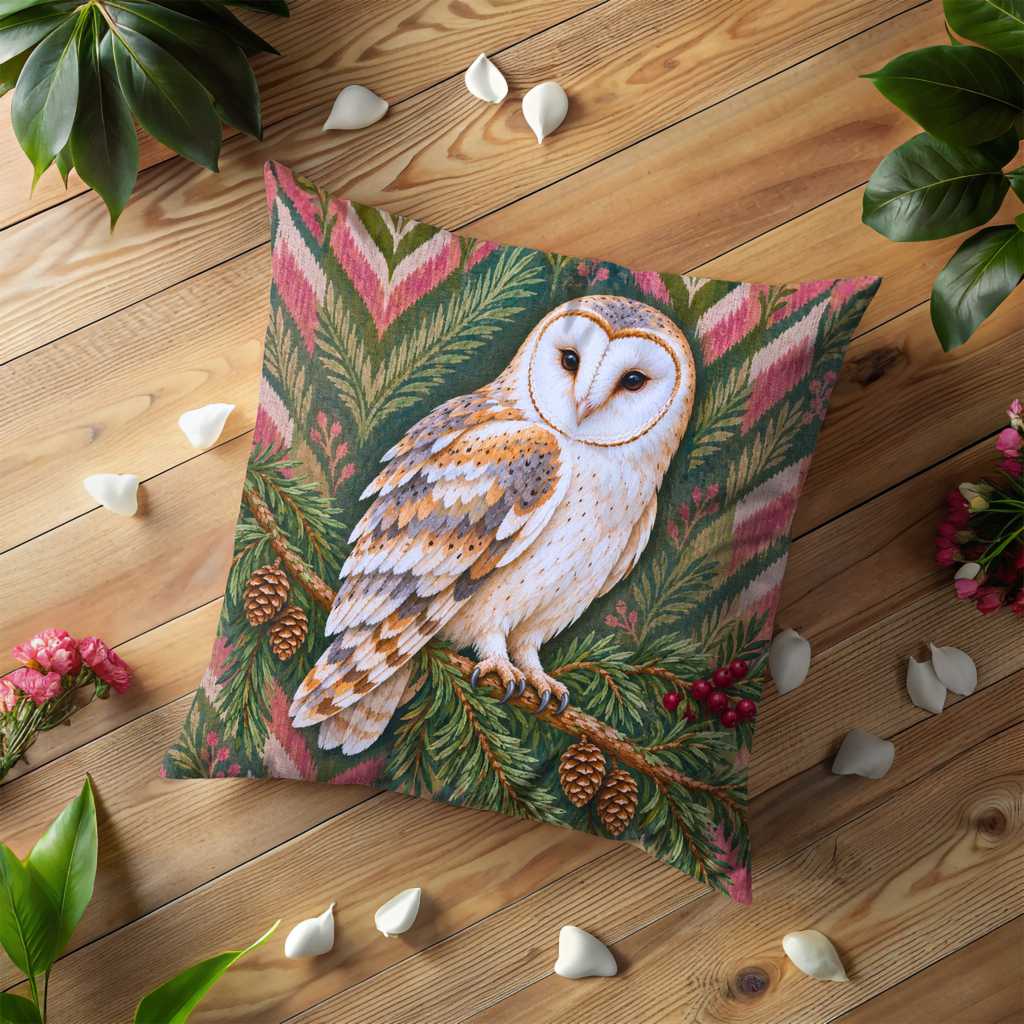 Barn Owl Pillow Cover | Woodland Scene with Patterned Background