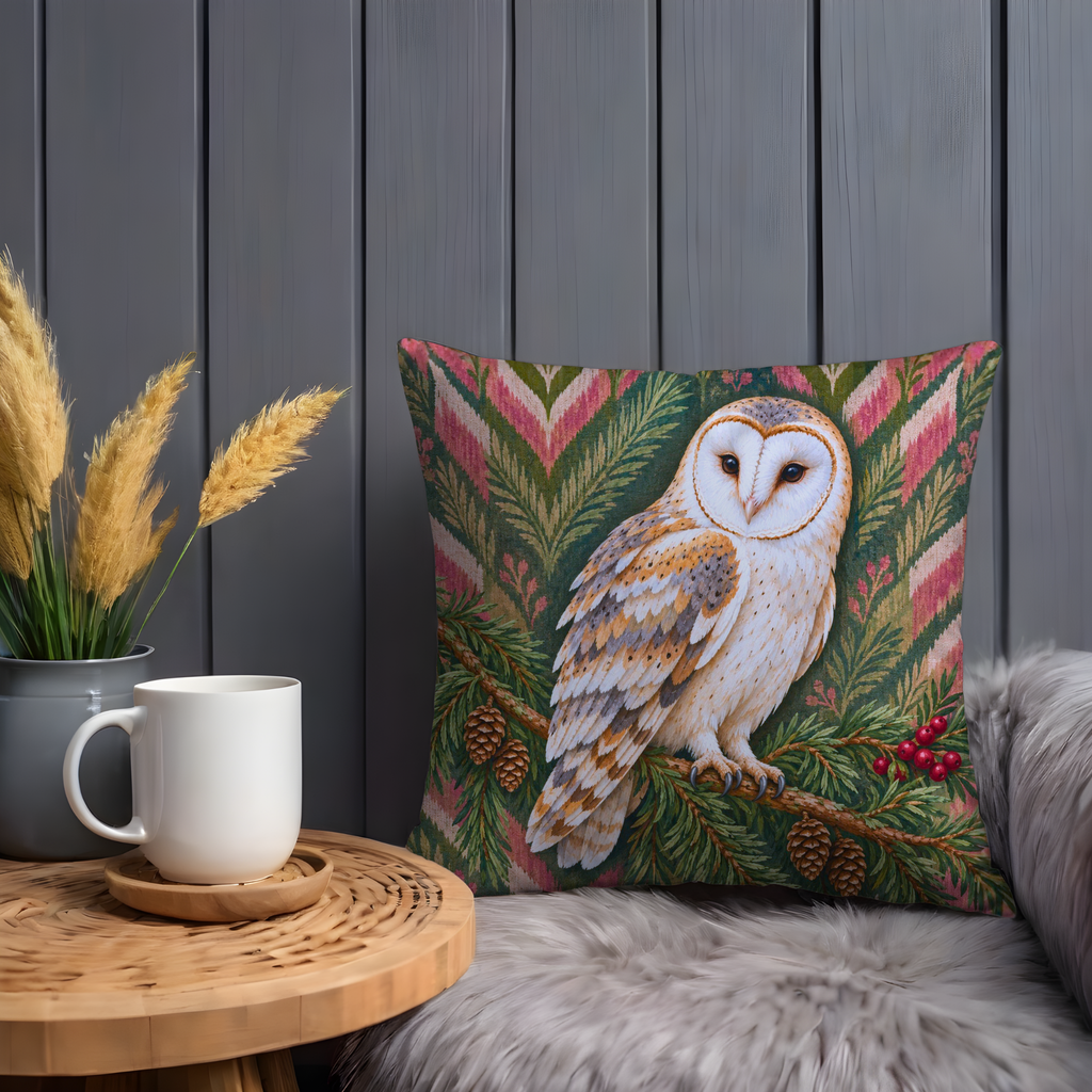 Barn Owl Pillow Cover | Woodland Scene with Patterned Background