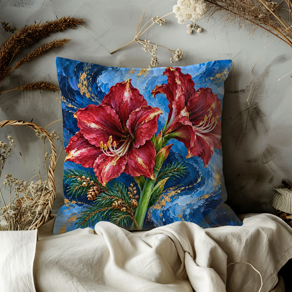 Red Amaryllis Flowers Pillow Cover | Swirling Blue Background with Evergreen Sprigs