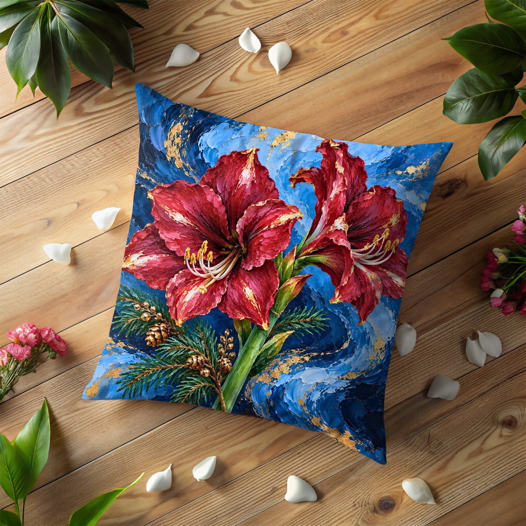 Red Amaryllis Flowers Pillow Cover | Swirling Blue Background with Evergreen Sprigs
