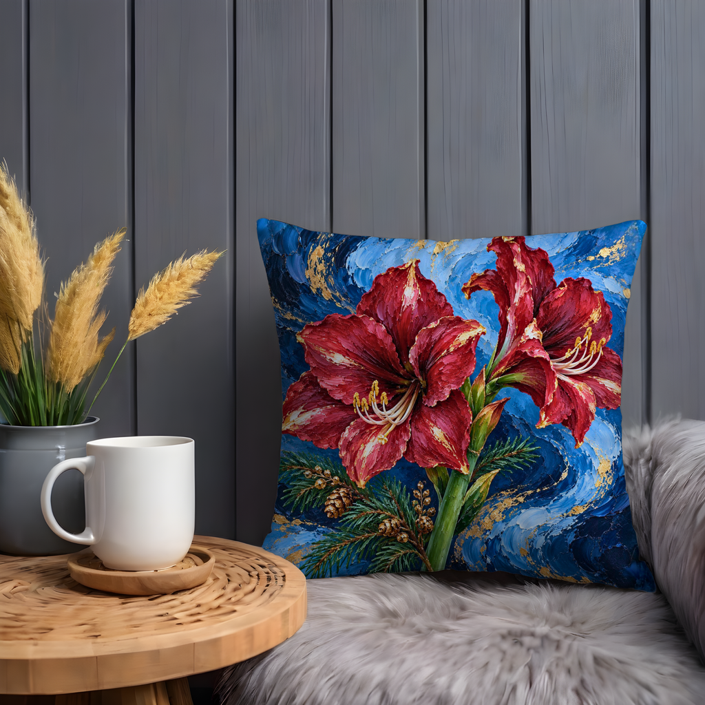 Red Amaryllis Flowers Pillow Cover | Swirling Blue Background with Evergreen Sprigs