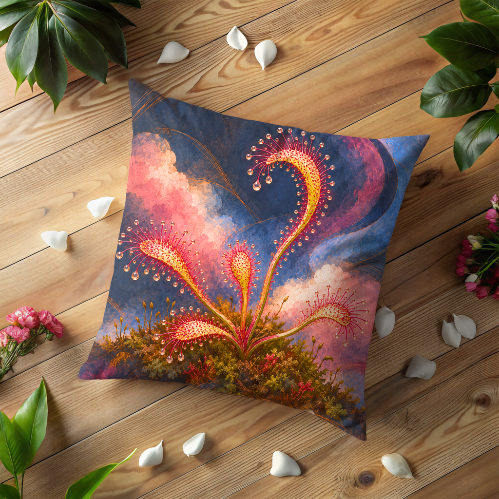 Sundew Plants Pillow Cover | Mossy Base Under a Swirling Pink and Blue Sky