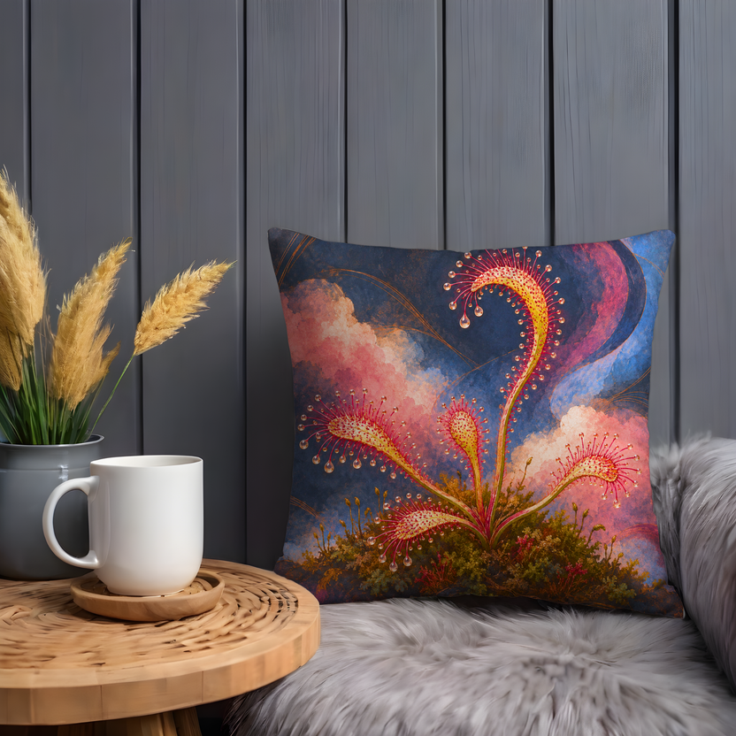 Sundew Plants Pillow Cover | Mossy Base Under a Swirling Pink and Blue Sky
