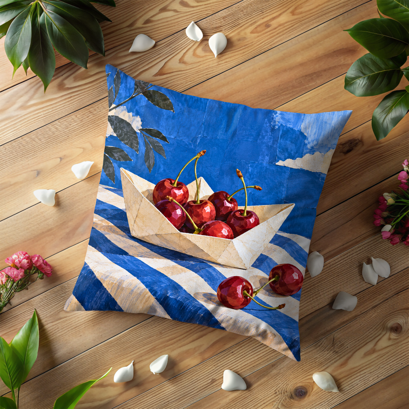 Cherry Filled Paper Boat Pillow Cover | Striped Cloth Against a Painted Blue Sky with Clouds and Dark Foliage