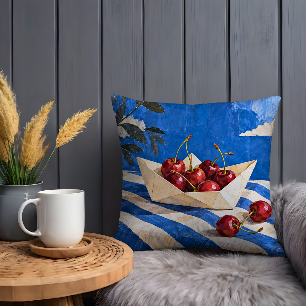 Cherry Filled Paper Boat Pillow Cover | Striped Cloth Against a Painted Blue Sky with Clouds and Dark Foliage