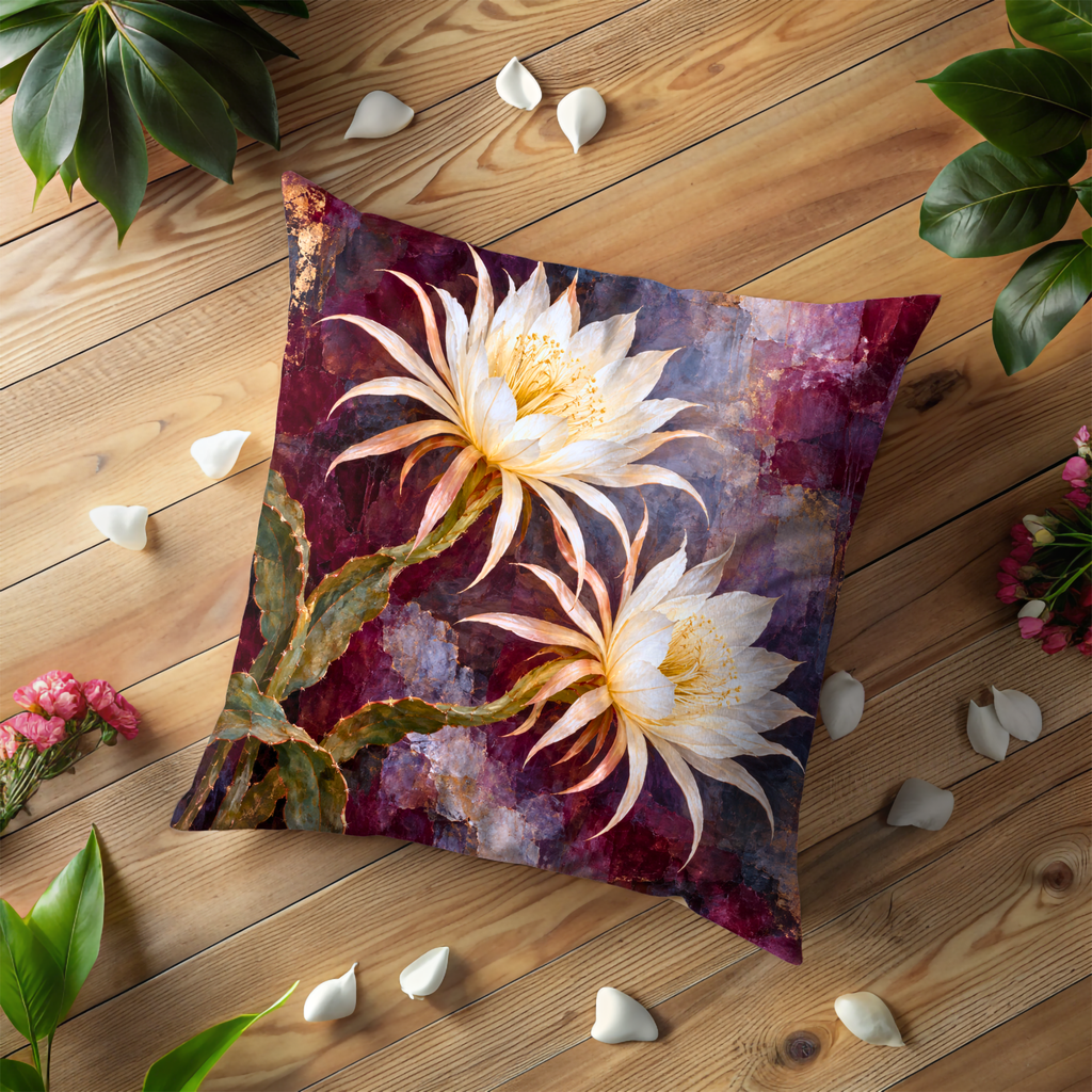 White Cactus Flowers Pillow Cover | Mottled Burgundy Painted Background