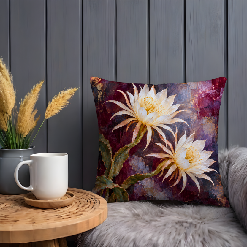 White Cactus Flowers Pillow Cover | Mottled Burgundy Painted Background