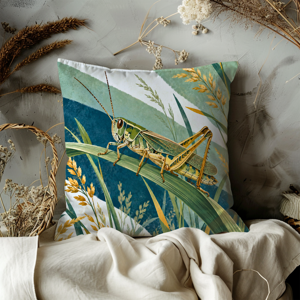Green Grasshopper Pillow Cover | Tall Grass with Golden Grain Heads