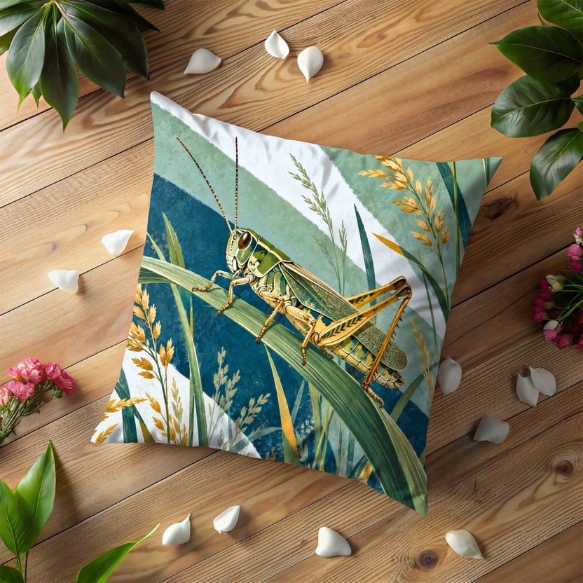 Green Grasshopper Pillow Cover | Tall Grass with Golden Grain Heads