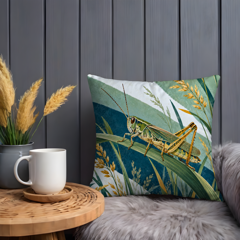 Green Grasshopper Pillow Cover | Tall Grass with Golden Grain Heads