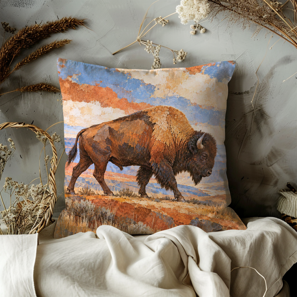 Bison Pillow Cover | Grassy Ridge with Distant Mesas Under Dramatic Clouds