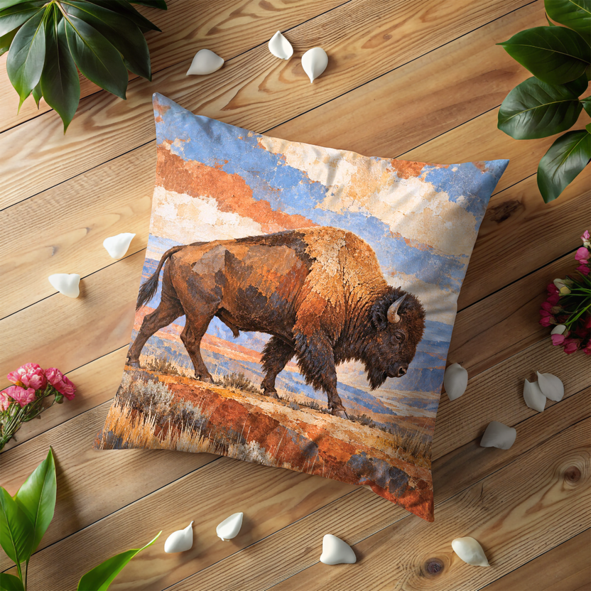 Bison Pillow Cover | Grassy Ridge with Distant Mesas Under Dramatic Clouds