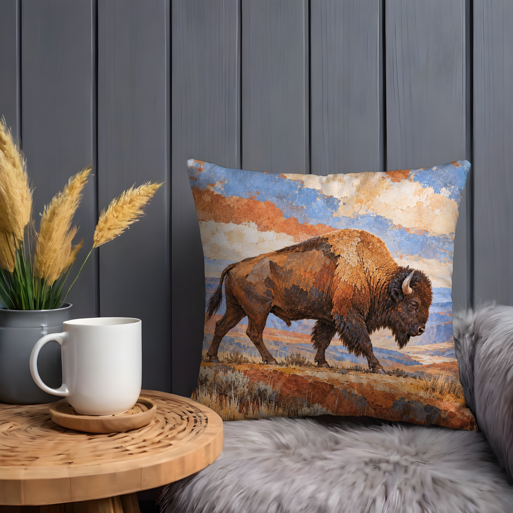 Bison Pillow Cover | Grassy Ridge with Distant Mesas Under Dramatic Clouds