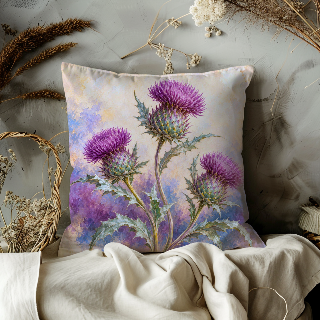 Purple Thistle Flowers Pillow Cover | Mottled Cream and Violet Watercolor Wash