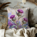 Purple Thistle Flowers Pillow Cover | Mottled Cream and Violet Watercolor Wash