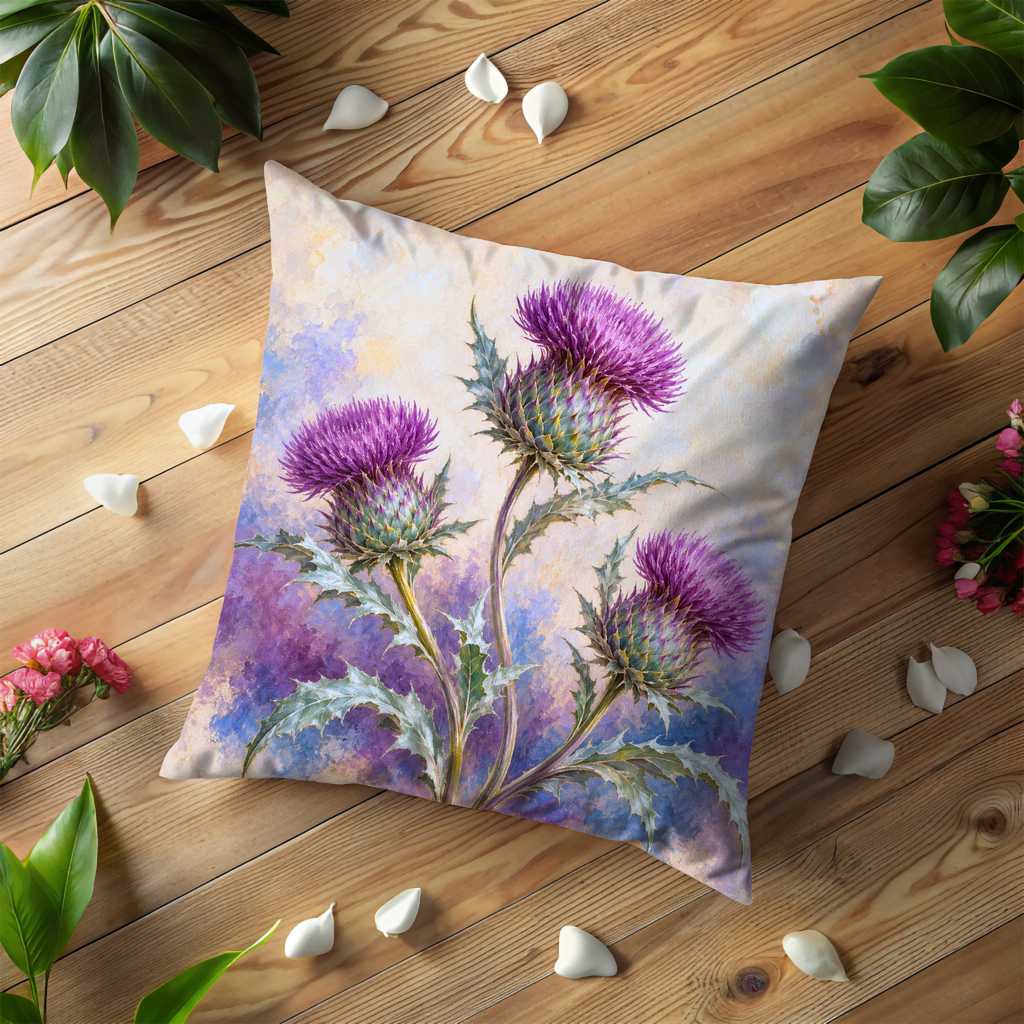 Purple Thistle Flowers Pillow Cover | Mottled Cream and Violet Watercolor Wash