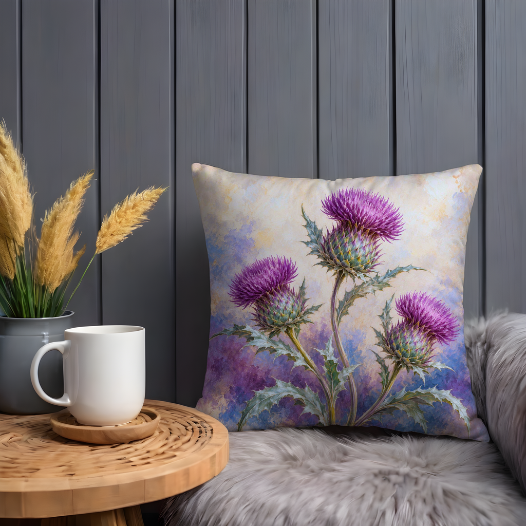 Purple Thistle Flowers Pillow Cover | Mottled Cream and Violet Watercolor Wash