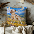 Spotted Setter Dog Pillow Cover | Golden Wildflower Meadow Before Rolling Hills and Distant Water