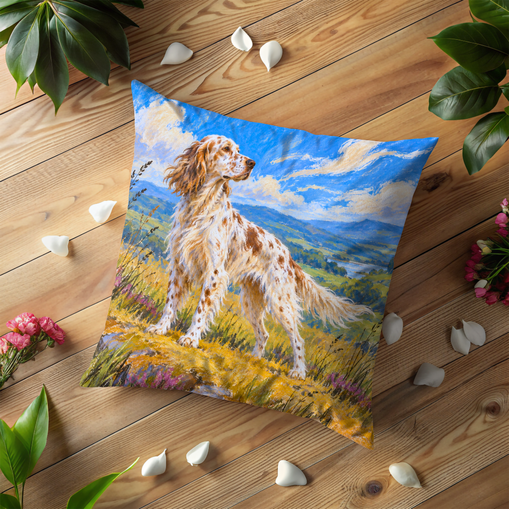 Spotted Setter Dog Pillow Cover | Golden Wildflower Meadow Before Rolling Hills and Distant Water