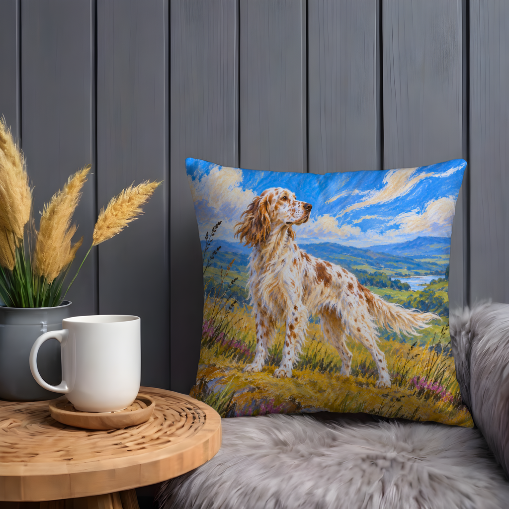 Spotted Setter Dog Pillow Cover | Golden Wildflower Meadow Before Rolling Hills and Distant Water