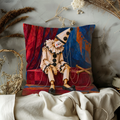 Seated Marionette Pillow Cover | Red Platform Before Draped Red and Blue Theater Curtains