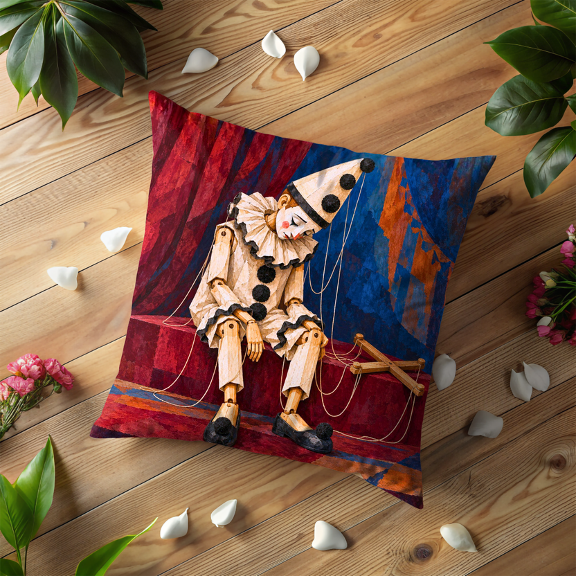 Seated Marionette Pillow Cover | Red Platform Before Draped Red and Blue Theater Curtains