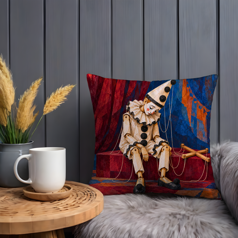 Seated Marionette Pillow Cover | Red Platform Before Draped Red and Blue Theater Curtains