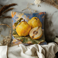 Yellow Quinces Pillow Cover | Fruit Resting on Broad Leaves Against a Blue Painted Ground
