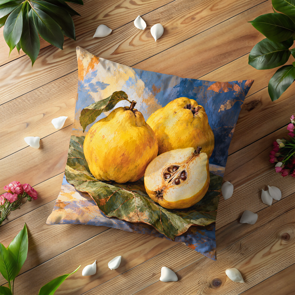 Yellow Quinces Pillow Cover | Fruit Resting on Broad Leaves Against a Blue Painted Ground