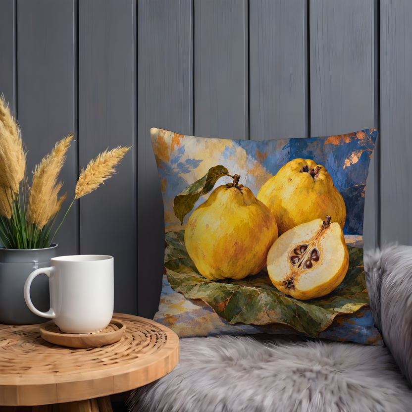 Yellow Quinces Pillow Cover | Fruit Resting on Broad Leaves Against a Blue Painted Ground