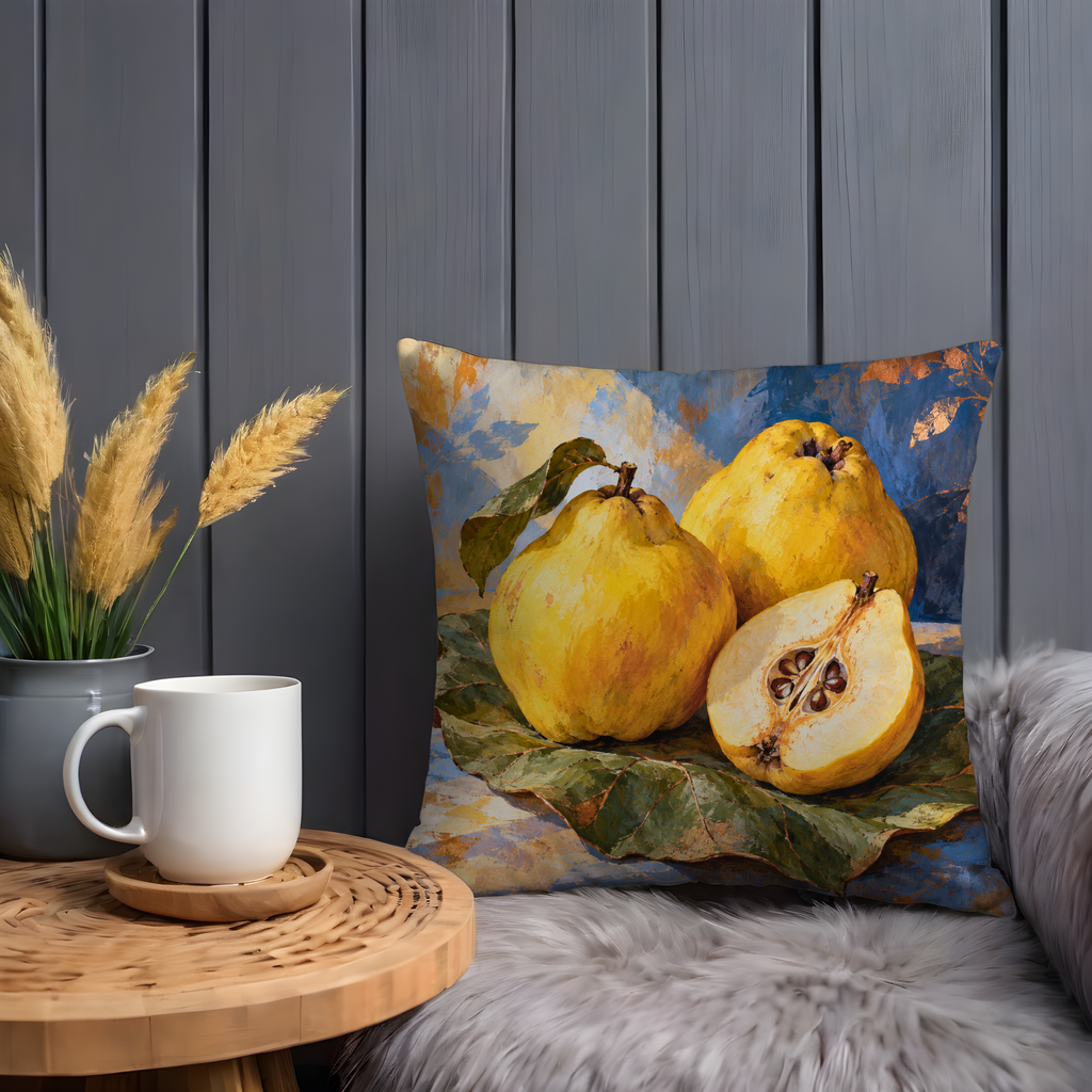 Yellow Quinces Pillow Cover | Fruit Resting on Broad Leaves Against a Blue Painted Ground