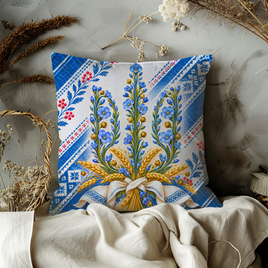 Ukrainian Trident Emblem Pillow Cover | Stylized Ukrainian Trident Emblem, Traditional Ukrainian Floral Textile Background