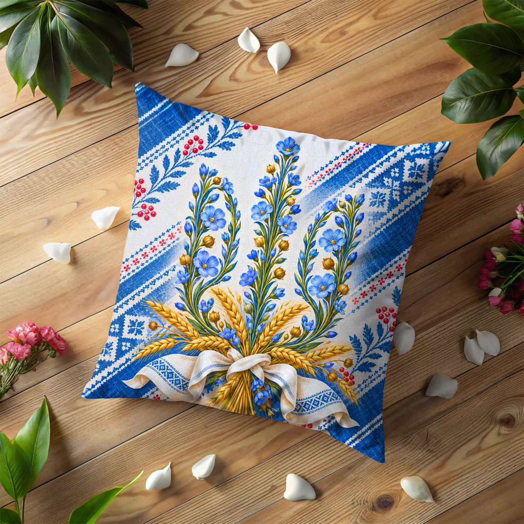 Ukrainian Trident Emblem Pillow Cover | Stylized Ukrainian Trident Emblem, Traditional Ukrainian Floral Textile Background