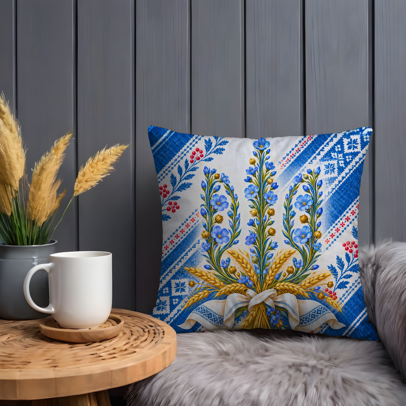 Ukrainian Trident Emblem Pillow Cover | Stylized Ukrainian Trident Emblem, Traditional Ukrainian Floral Textile Background