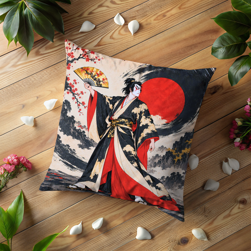 Kabuki Actor Traditional Attire Pillow Cover | Stylized Japanese Landscape with Dramatic Sky