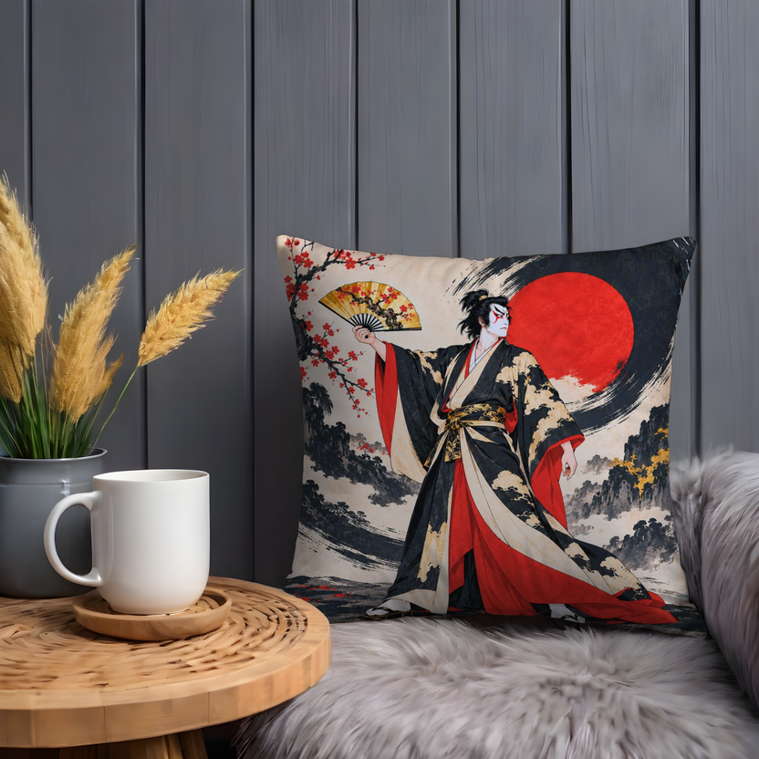 Kabuki Actor Traditional Attire Pillow Cover | Stylized Japanese Landscape with Dramatic Sky