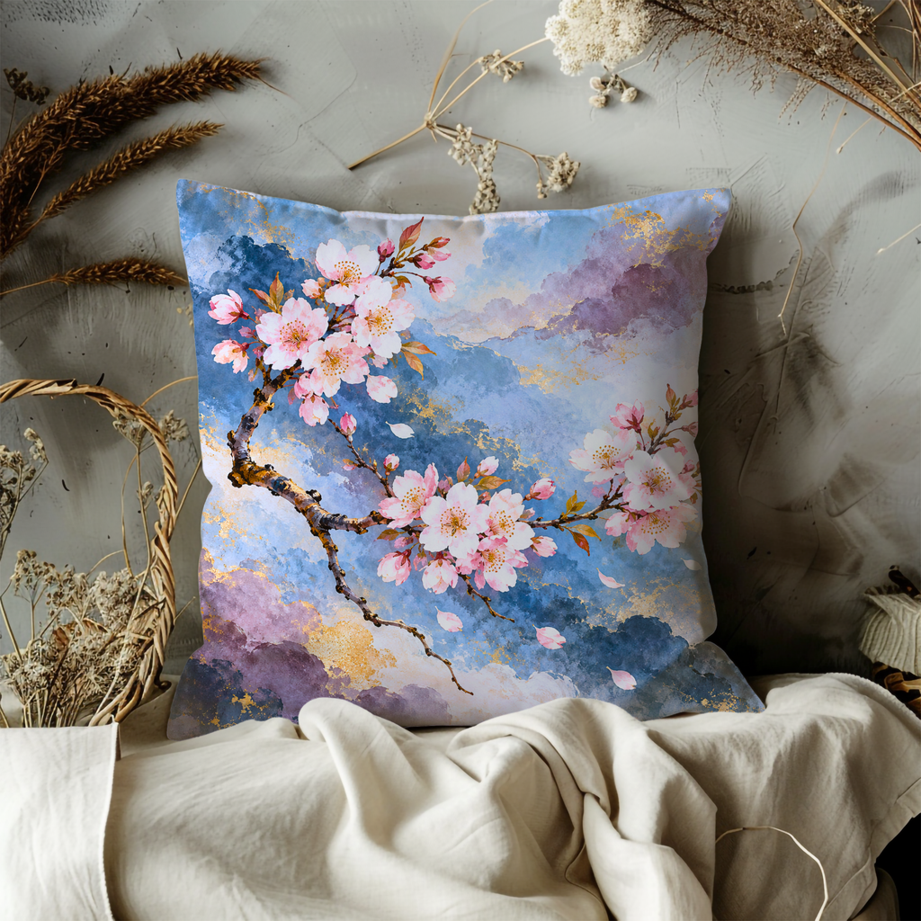 Cherry Blossom Branch Pillow Cover | Ethereal Sky with Abstract Cloud Formations