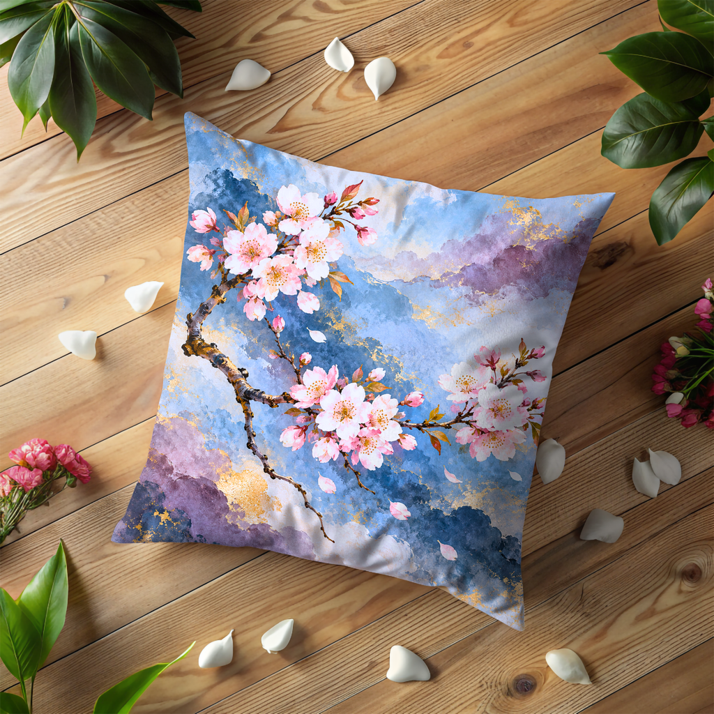 Cherry Blossom Branch Pillow Cover | Ethereal Sky with Abstract Cloud Formations