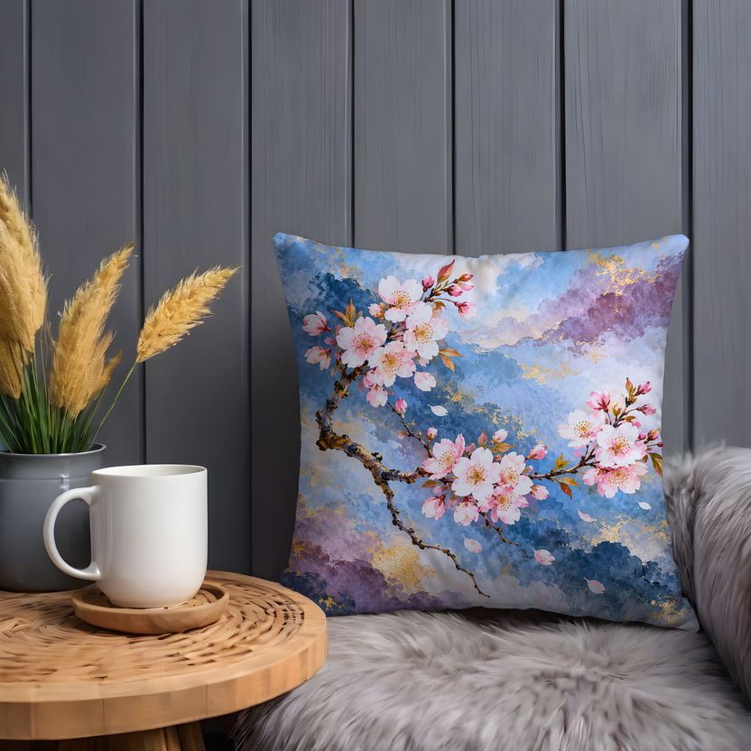 Cherry Blossom Branch Pillow Cover | Ethereal Sky with Abstract Cloud Formations