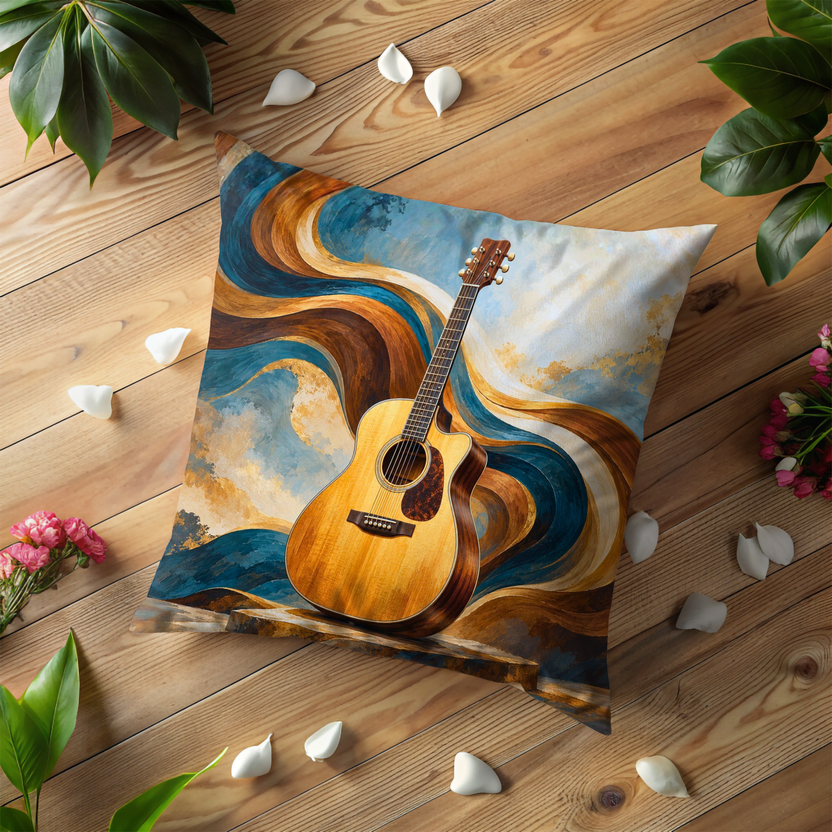 Acoustic Guitar Pillow Cover | Swirling Blue and Gold Abstract Waves