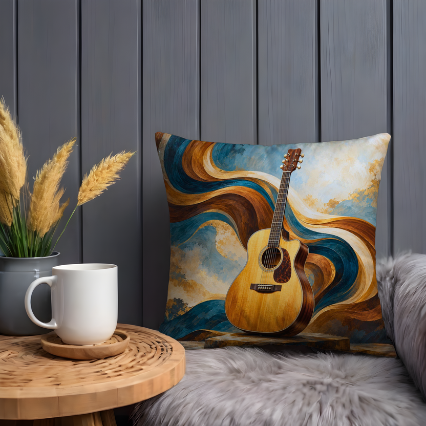Acoustic Guitar Pillow Cover | Swirling Blue and Gold Abstract Waves