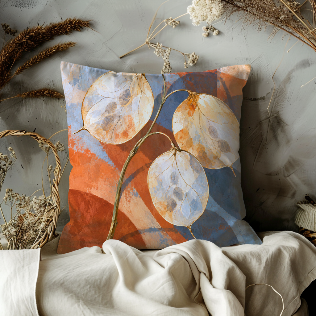 Lunaria Seed Pods Pillow Cover | Abstract Orange and Blue Color Fields