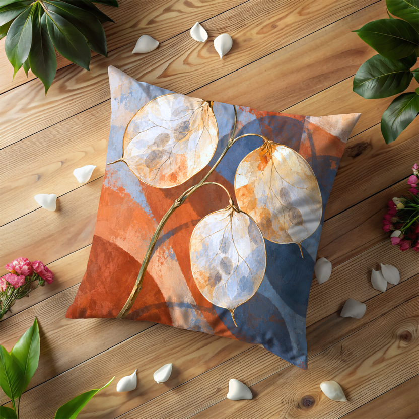 Lunaria Seed Pods Pillow Cover | Abstract Orange and Blue Color Fields