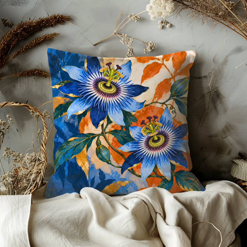 Blue Passion Flowers Pillow Cover | Orange Autumn Foliage Background