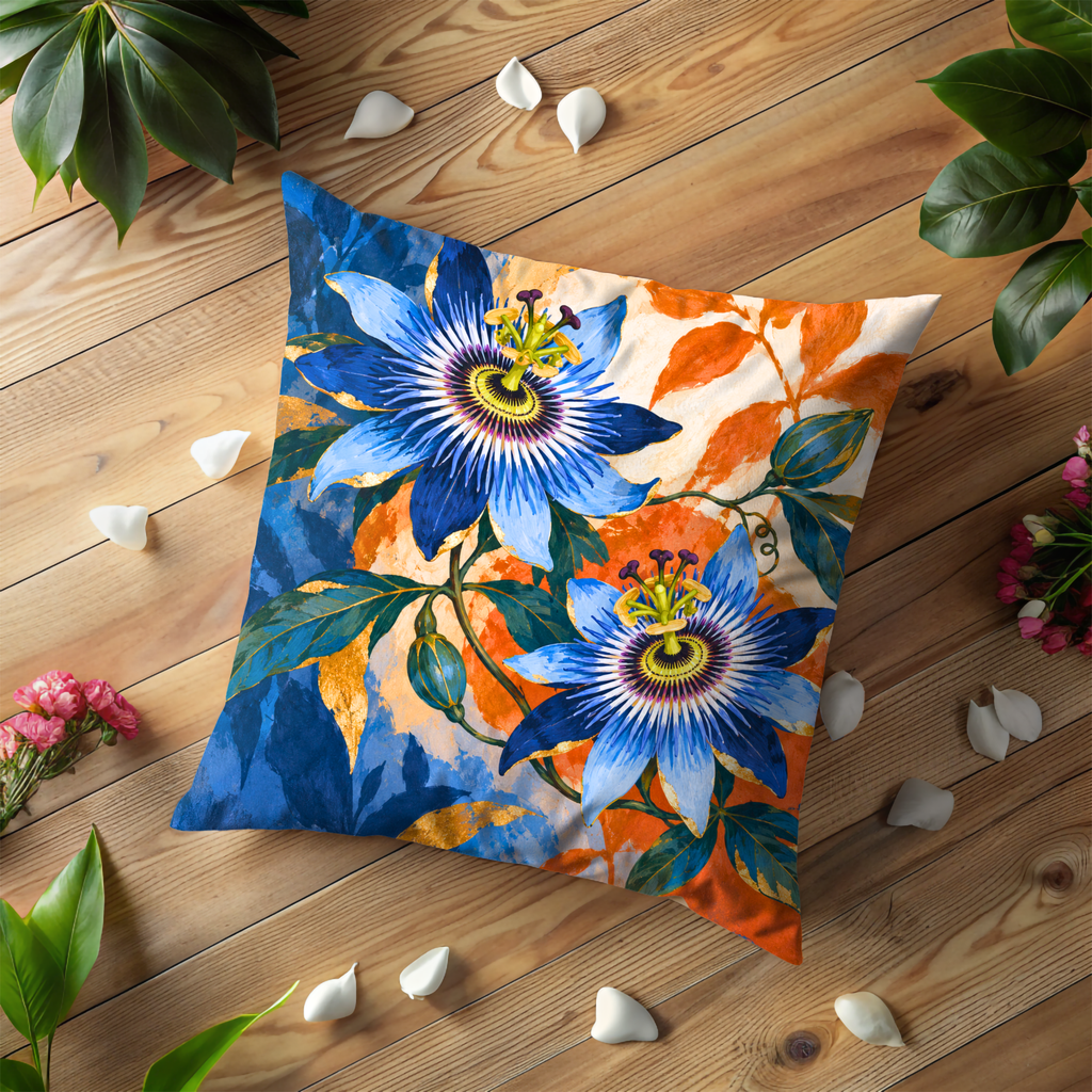 Blue Passion Flowers Pillow Cover | Orange Autumn Foliage Background