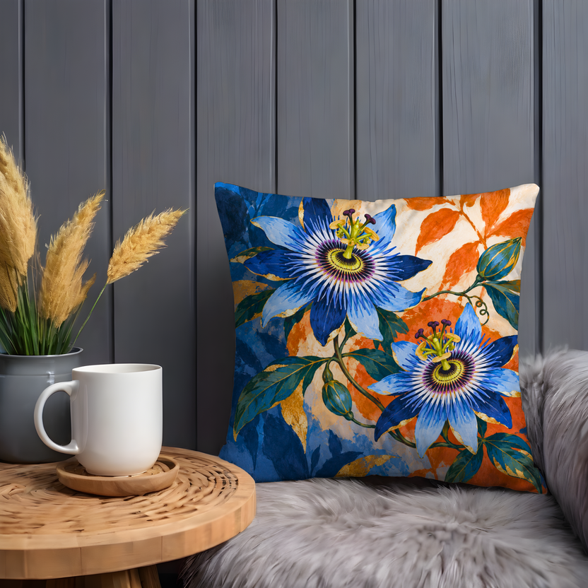 Blue Passion Flowers Pillow Cover | Orange Autumn Foliage Background